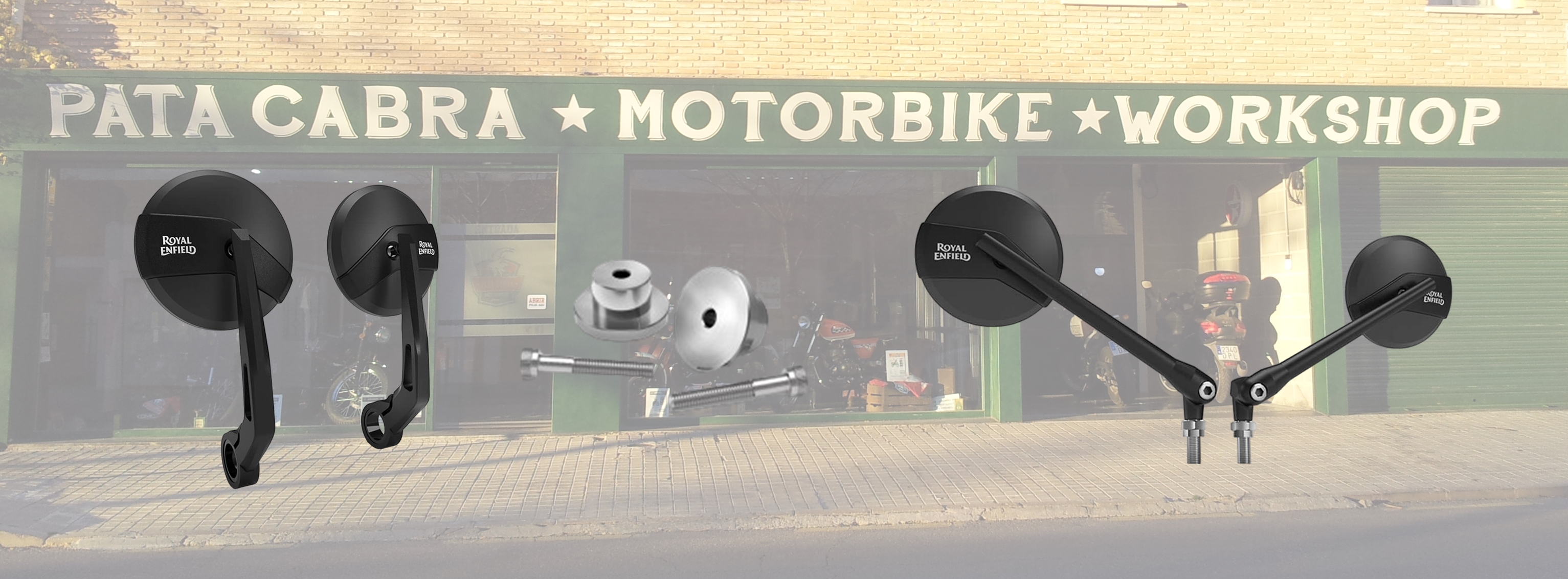 Espejos retrovisores y kit de montaje para las motos royal enfield ya disponibles en la tienda física y web de Patacabra, distribuidor Royal Enfield en Toledo